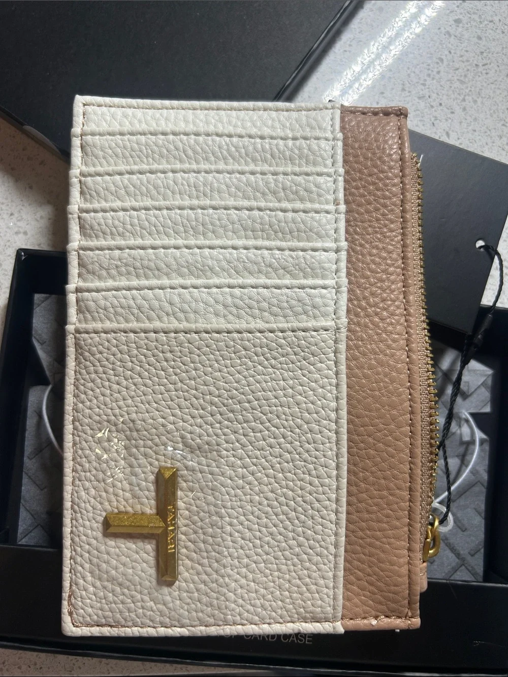 Tahari Cream and Tan Zip Card Case with Gold Accent